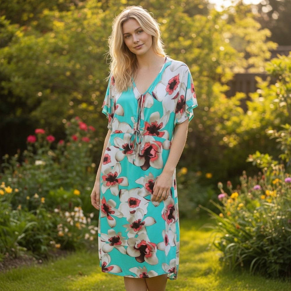 Turquoise Floral Maxi Dress V-Neck Empire Waist Hibiscus Print Small /#26925